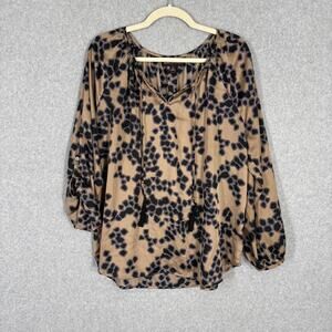 Dana Buchman Blouse Womens XL Champagne Black Satin Flowy Loose‎ Popover Tassels